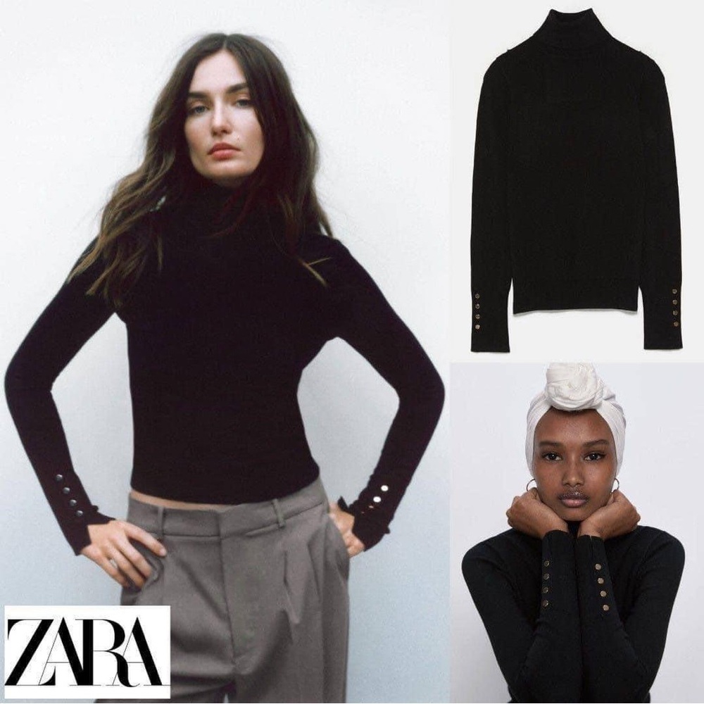 Zara Black Turtleneck with Button Accents